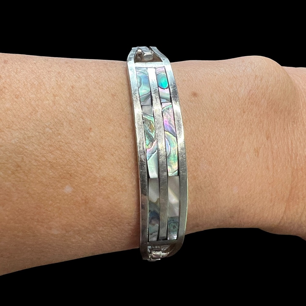 Vintage Alpaca Mexico Abalone Bangle Bracelet Silver Tone 7.5 in Signed‎ Inlay